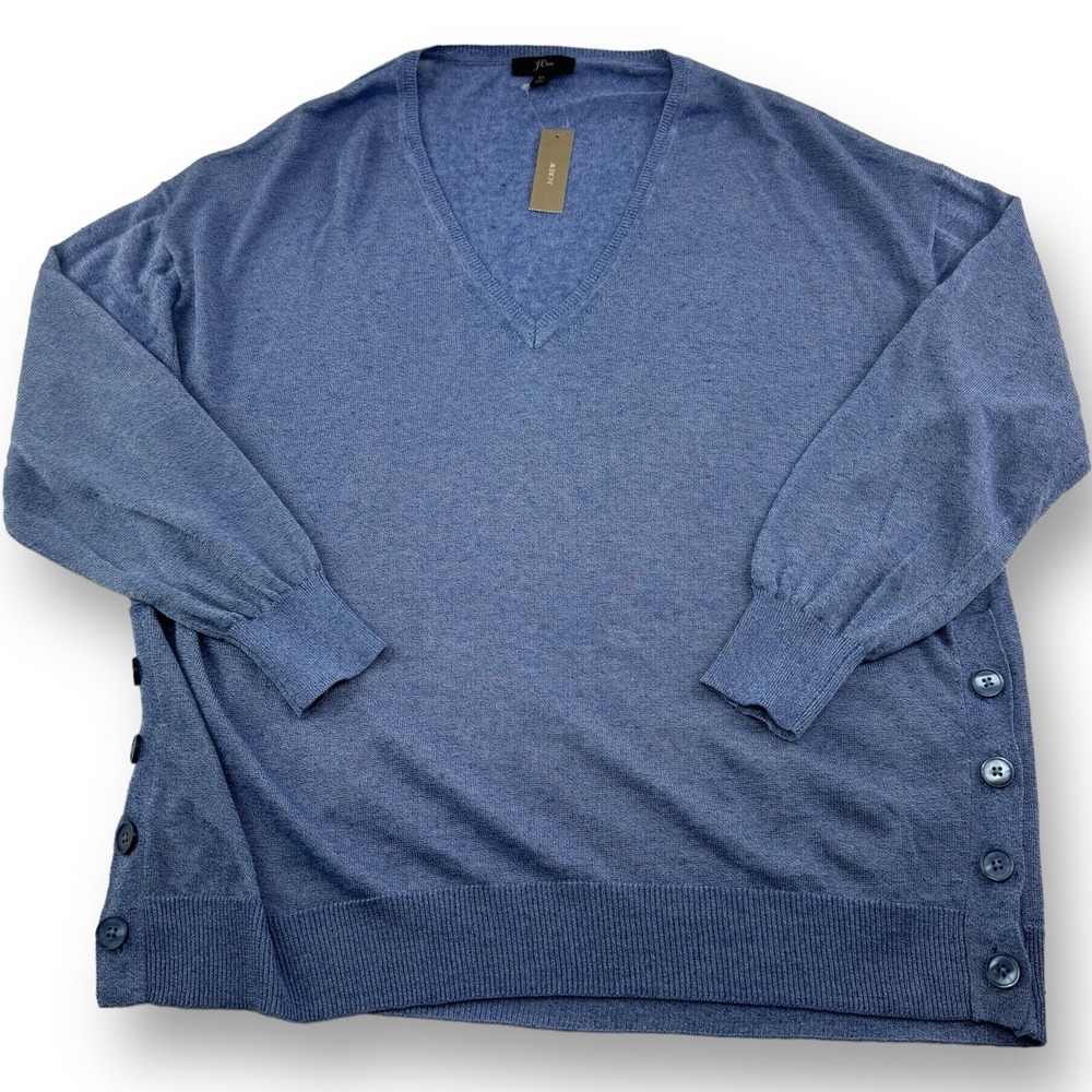 NWT J.Crew Blue Linen Viscose V-Neck Side Button Pullover Sweater Womens Size XL